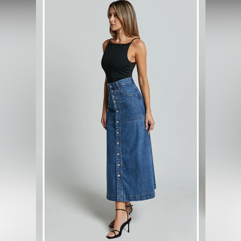 Showpo Alisa Midi Skirt- Ultra High-waisted Dark Blue Denim - Picture 2 of 9